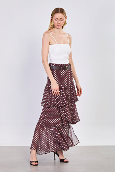 BARRELS AND OIL Γυναικεία μακριά φούστα με ζώνη και βολάν - Βαθύ καφέ