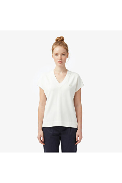 Lacoste Kadın Relaxed Fit Kısa Kollu V Yaka Beyaz Triko