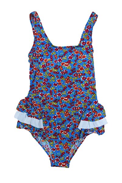 LOOK ME Blue Floral Figured Girls' Swimsuit with Ruffle Detail on the Sides