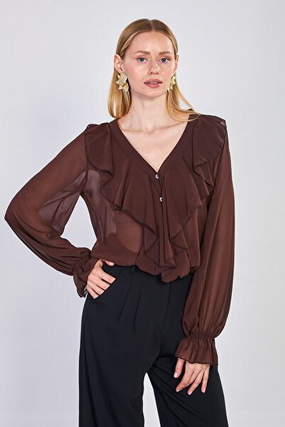 BARRELS AND OIL Γυναικεία μπλούζα σιφόν με λαιμόκοψη V και βολάν μπροστά - Bi...