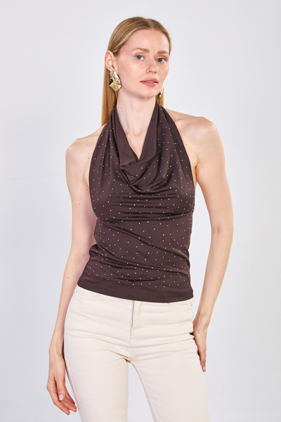 BARRELS AND OIL Γυναικεία μπλούζα με γιακά και πέτρες - Καφέ