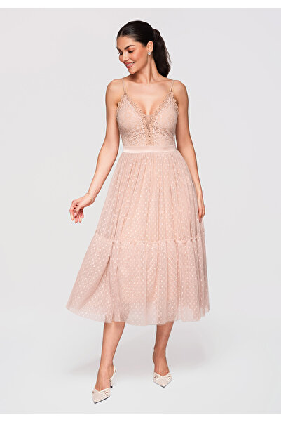 Larica Women's Midi Dress Lace LA-OM-DLR320 Beige