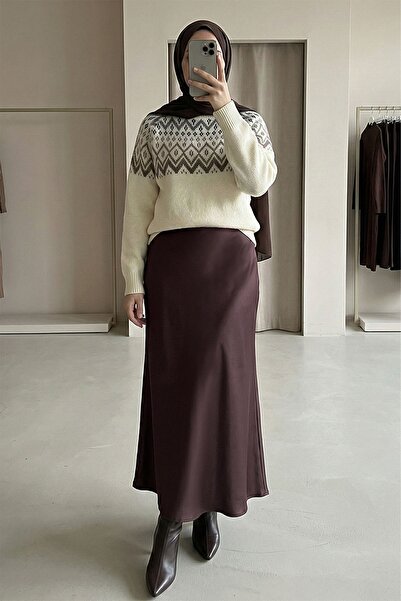 InStyle Σατέν Σκούρα Μωβ Φούστα με Φαρδιά Γραμμή