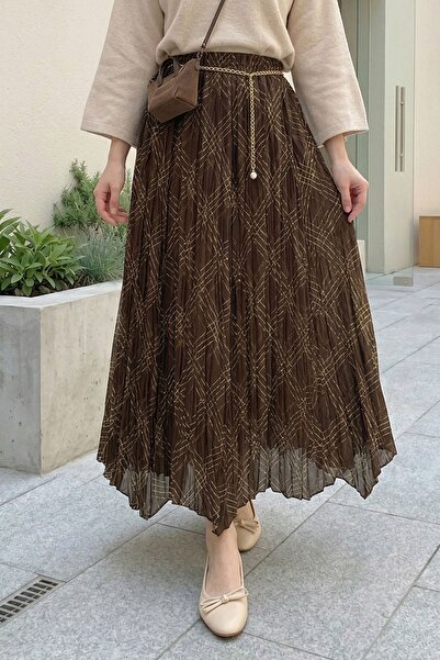 InStyle Καρό Φούστα με Σχέδιο Κράσαρν Σκούρο Καφέ