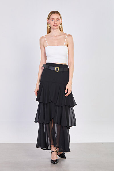 BARRELS AND OIL Γυναικεία μακριά φούστα σιφόν με βολάν και ζώνη - Μαύρη