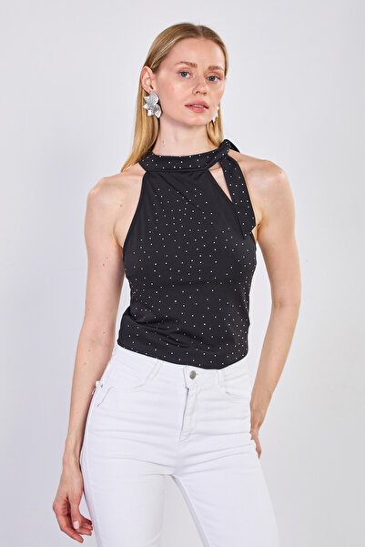 BARRELS AND OIL Γυναικεία μπλούζα με λαιμόκοψη halter - Μαύρη