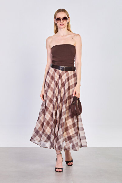 BARRELS AND OIL Γυναικεία καρό μακριά φούστα σιφόν με ζώνη - Πέτρινο