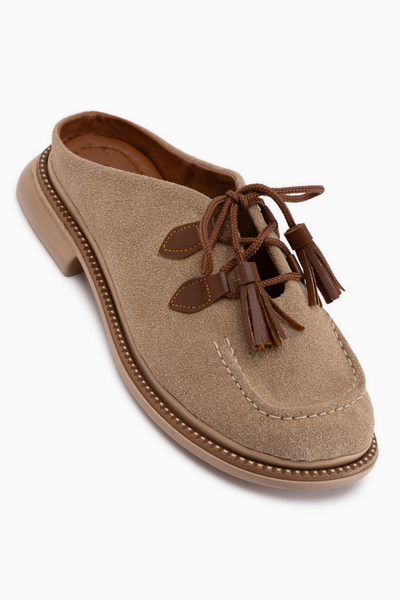 Limoya Γυναικείες παντόφλες Penny Beige Suede με φούντες