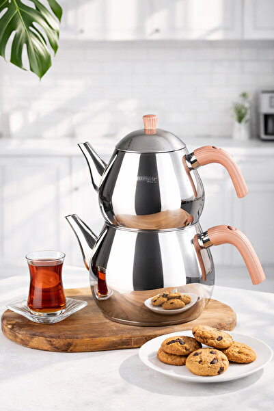 Porsima 1030-1 Damla Bakelite Handle Mega Size Stainless Steel Teapot Set - R...