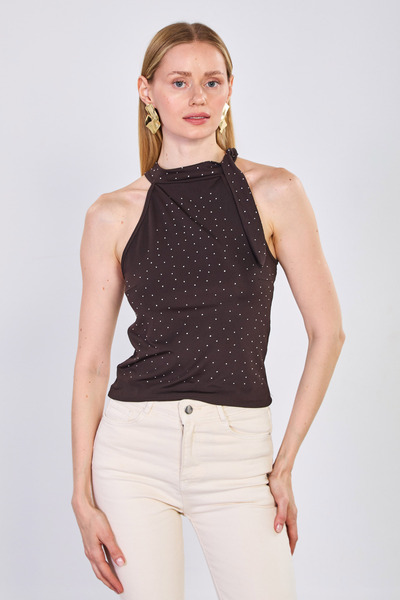 BARRELS AND OIL Γυναικεία μπλούζα με λαιμόκοψη halter - Bitter Brown