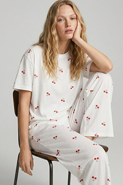 Siyah İnci Σετ πιτζάμες με σχέδιο κεράσια, λεπτό, απαλό, πλεκτό, εποχιακό 8003