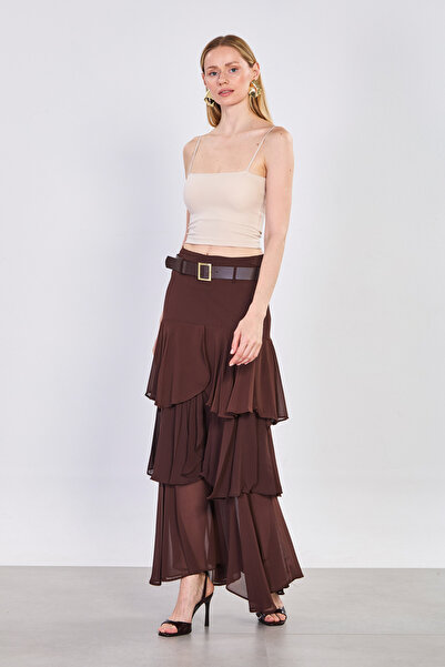 BARRELS AND OIL Γυναικεία μακριά φούστα σιφόν με βολάν και ζώνη - Bitter Brown