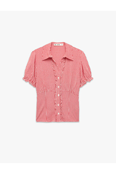 Koton Slim Fit Short Balloon Sleeve Buttoned Classic Collar Gingham Shirt