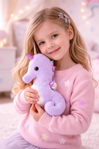 hak-iş oyuncak Lila-Beyaz Simli Detaylı Peluş Denizatı 30 cm