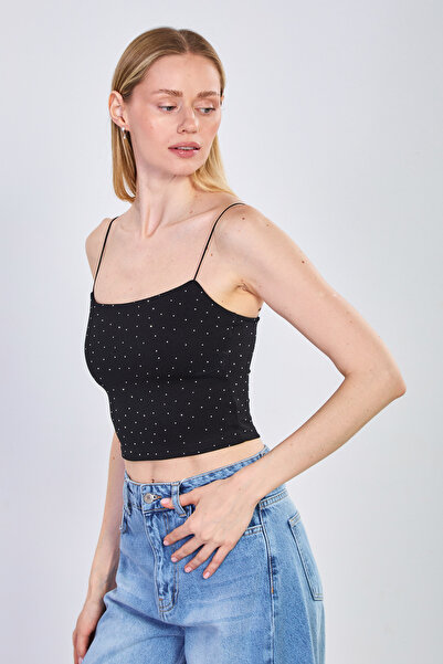 BARRELS AND OIL Γυναικείο Crop Αθλητικό Τοπ με Πέτρινα Λουράκια - Μαύρο