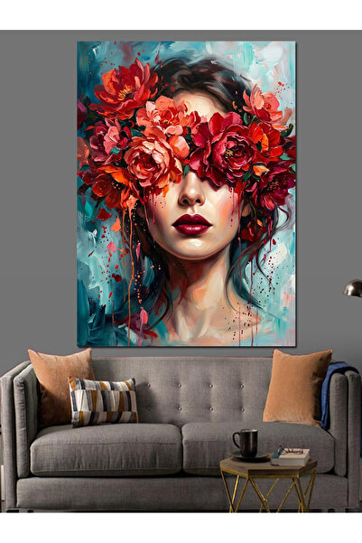 Artmeg Portret de femeie cu flori în ochi, pânză decorativă abstractă - Tablo...