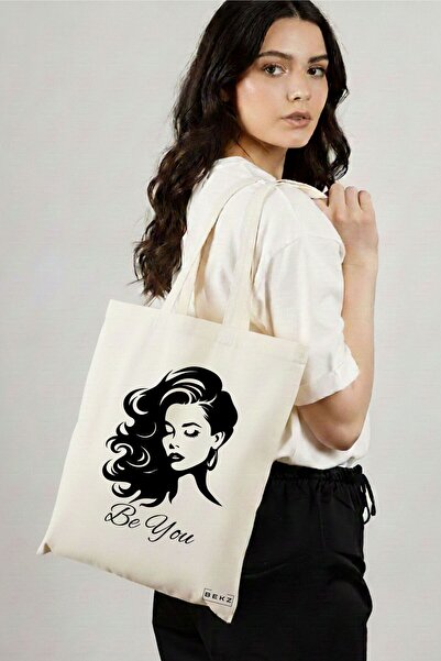 BEKZ Sacosa Cumparaturi Textila, Geanta Tote, model Be You 2, 38x34.5 cm, Alb...