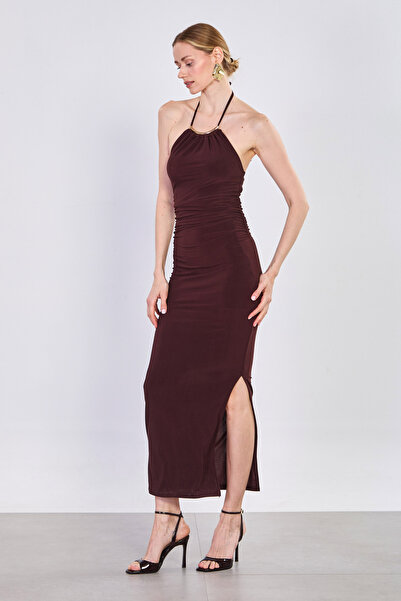 BARRELS AND OIL Γυναικείο φόρεμα με δέσιμο στο λαιμό και ντραπέ - Βαθύ καφέ