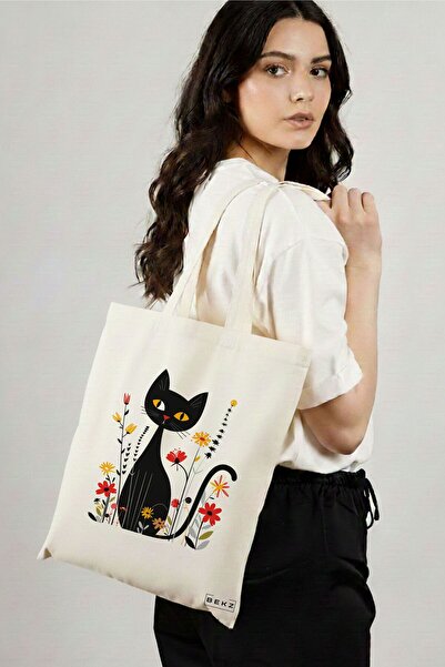 BEKZ Υφασμάτινη Τσάντα Αγορών, Τσάντα Ώμου, Σχέδιο Γάτα και Λουλούδια 4, 38 x...