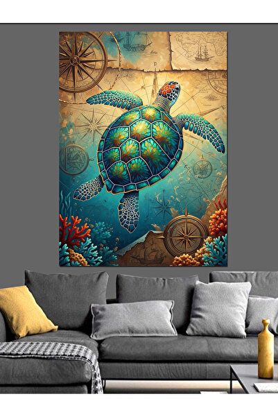 Artmeg Nautical Map and Turquoise Turtle Decorative Canvas - Mdf Wood Table