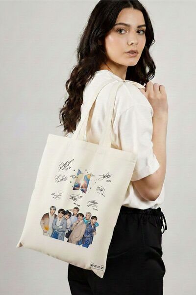 BEKZ Υφασμάτινη Τσάντα Αγορών, Τσάντα Ώμου, μοντέλο BTS Army 9 με υπογραφή, 3...