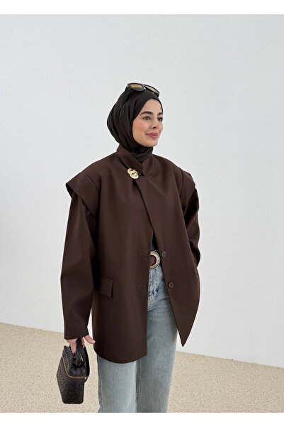 MODA AKSA 7637 KOL DETAY OVERSİZE CEKET KAHVE