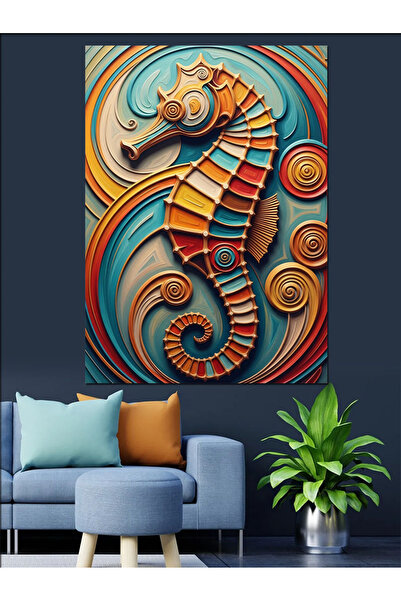 Artmeg Pânză decorativă cu figurină de cal de mare în mozaic colorat - Tablou...