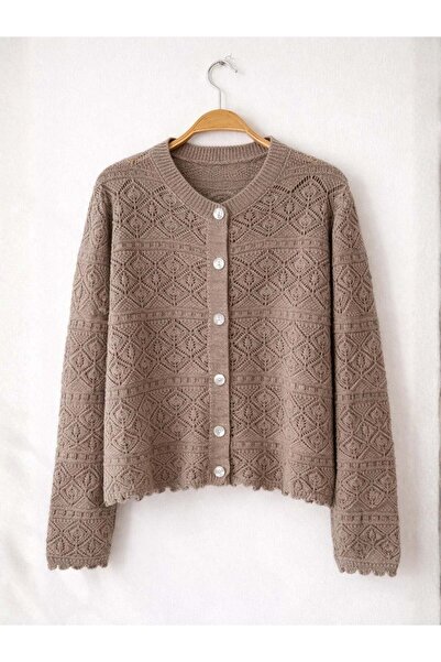 Retrobird Patterned Perforated Spring Cardigan Women's Mink