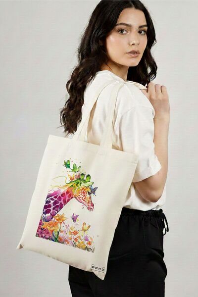 BEKZ Sacosa Cumparaturi Textila, Geanta Tote, model Colorful Giraffe, 38x34.5...