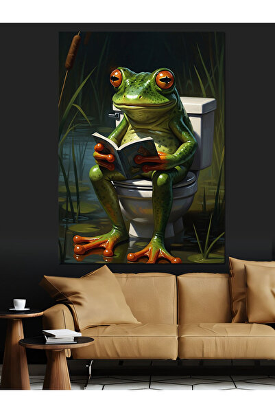 Artmeg Broasca verde citind o carte în toaletă - Pânză decorativă - Masă din ...