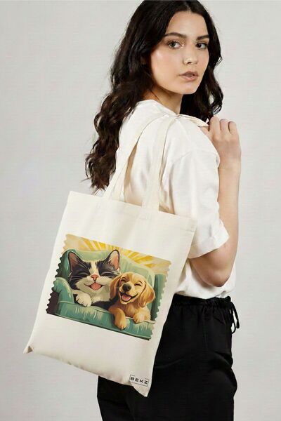 BEKZ Sacosa Cumparaturi Textila, Geanta Tote, model Best Friends Cat and Dogg...