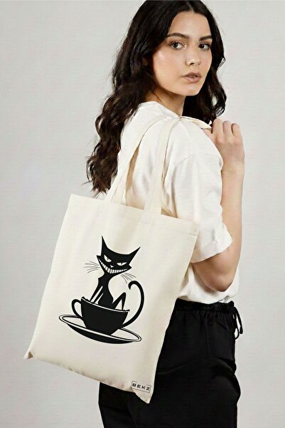 BEKZ Sacosa Cumparaturi Textila, Geanta Tote, model Caffeine Cat 11 38 x 34.5...