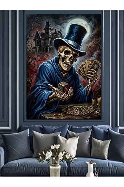 Artmeg Skeleton Magician Holding Cards in His Hand Decorative Canvas - Mdf Wo...