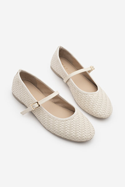 Marjin Kadın Yuvarlak Burun Bantlı Örgü Desen Mary Jane Günlük Babet Avinel Ekru