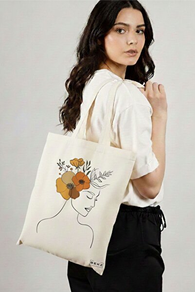 BEKZ Sacosa Cumparaturi Textila, Geanta Tote, Flower Lady 16, 38x34.5 cm, Alb...