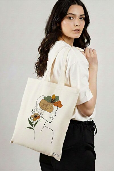 BEKZ Textile Shopping Bag, Tote Bag, Flower Lady 11, 38x34.5 cm, White, BEKZ®