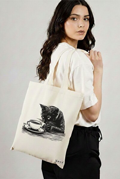 BEKZ Sacosa Cumparaturi Textila, Geanta Tote, model Caffeine Cat 3 38 x 34.5 ...