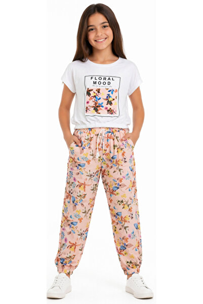 İrem Çocuk Giyim Girl's Floral Mood Text Patterned T-Shirt and Floral Pattern...