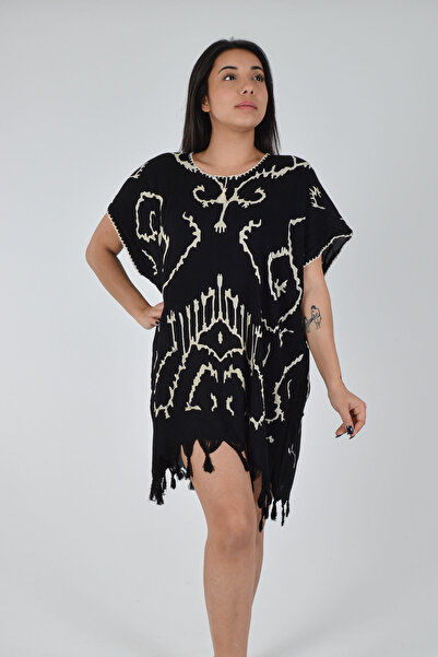 REİNA TEKS Black Mythological Pattern Beach Dress Cotton Viscose Pareo 1 Piece