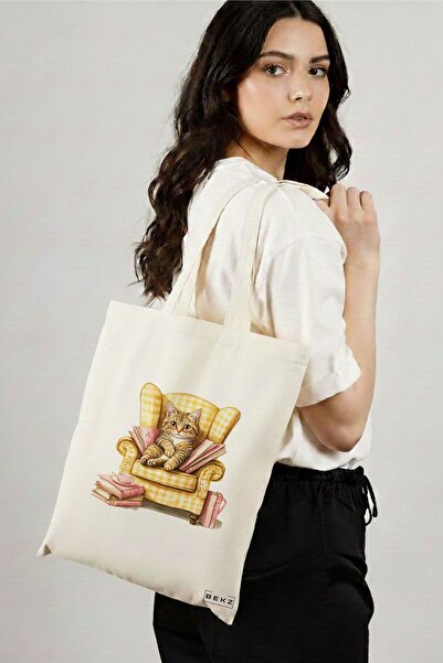 BEKZ Sacosa Cumparaturi Textila, Geanta Tote, model Reading cat 6 38 x 34.5 c...