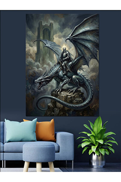 Artmeg Figurină decorativă a dragonului gigant care stă pe stâncă - Pânză dec...