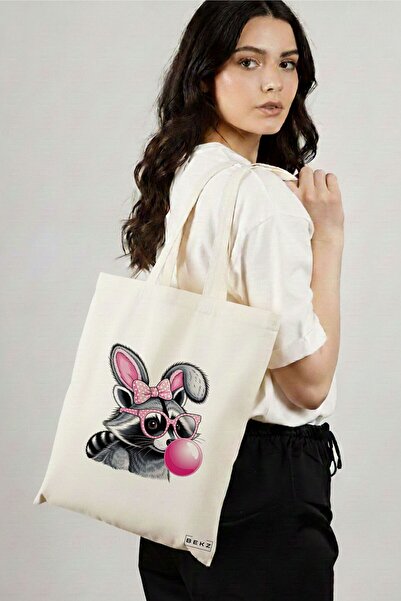 BEKZ Sacosa Cumparaturi Textila, Geanta Tote, model Pinkie 38 x 34.5 cm, Alb,...