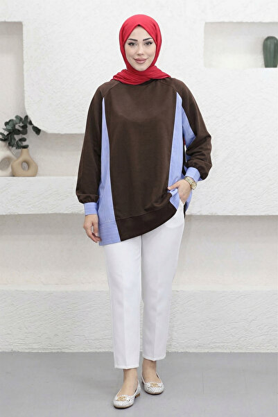 Suede Style 5553 - Άνετο, χαλαρό, βασικό γυναικείο μακρύ φούτερ με ρίγες από ...