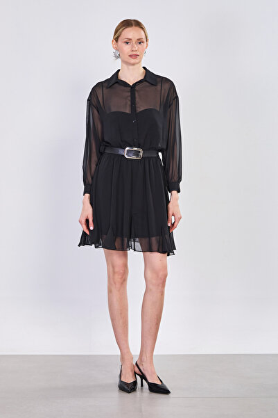 BARRELS AND OIL Γυναικείο Φόρεμα Σιφόν με Ζώνη και Φόδρα - Μαύρο