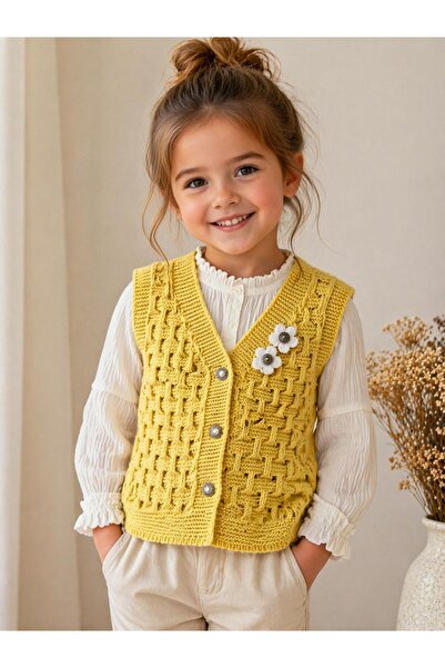 Herhis KIZ BEBEK&ÇOCUK TRİKO YELEK ÇİÇEK DETAYLI KABARTMA MODEL 1-4 yaş