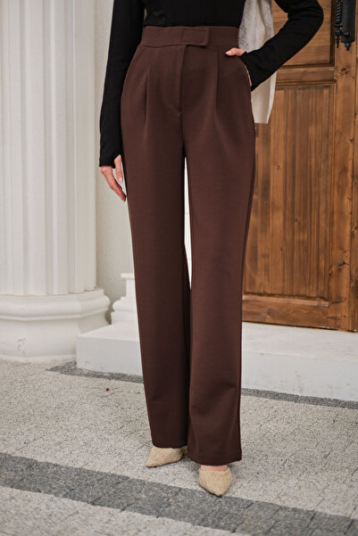 LOCCO Γυναικείο υφασμάτινο παντελόνι με λεπτομέρεια Velcro σε καφέ χρώμα