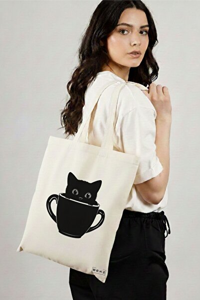 BEKZ Sacosa Cumparaturi Textila, Geanta Tote, model Caffeine Cat 15 38 x 34.5...