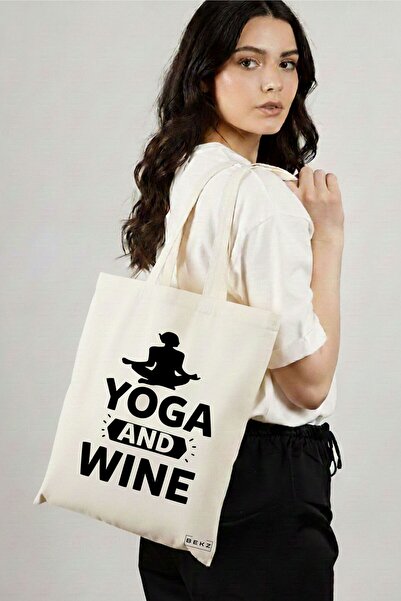 BEKZ Sacosa Cumparaturi Textila, Geanta Tote Yoga and Wine, 38x34.5 cm, Alba,...