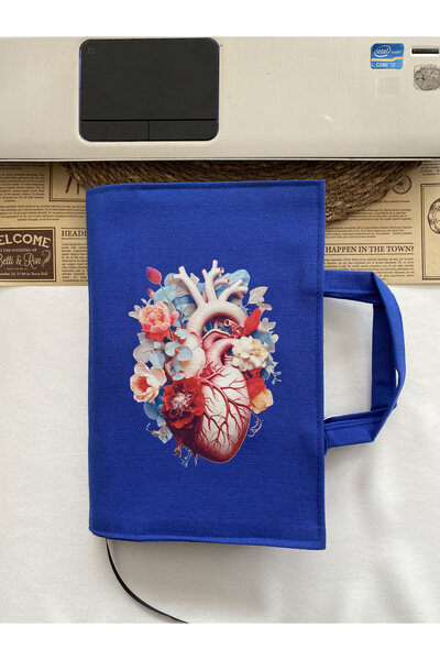 DUTTDİKİM Saks Blue Design Book Bag - Heart Patterned Water Repellent Fabric ...