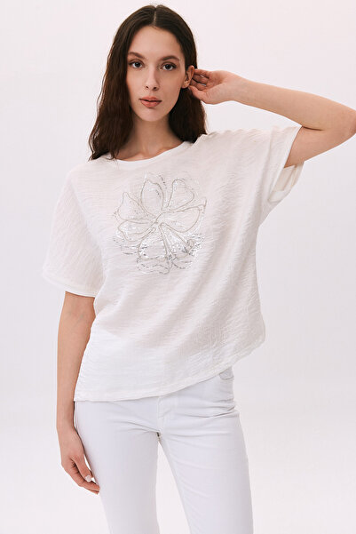 DAIDO Women's Round Neck Short Sleeve Patterned T-Shirt 6217 Ecru